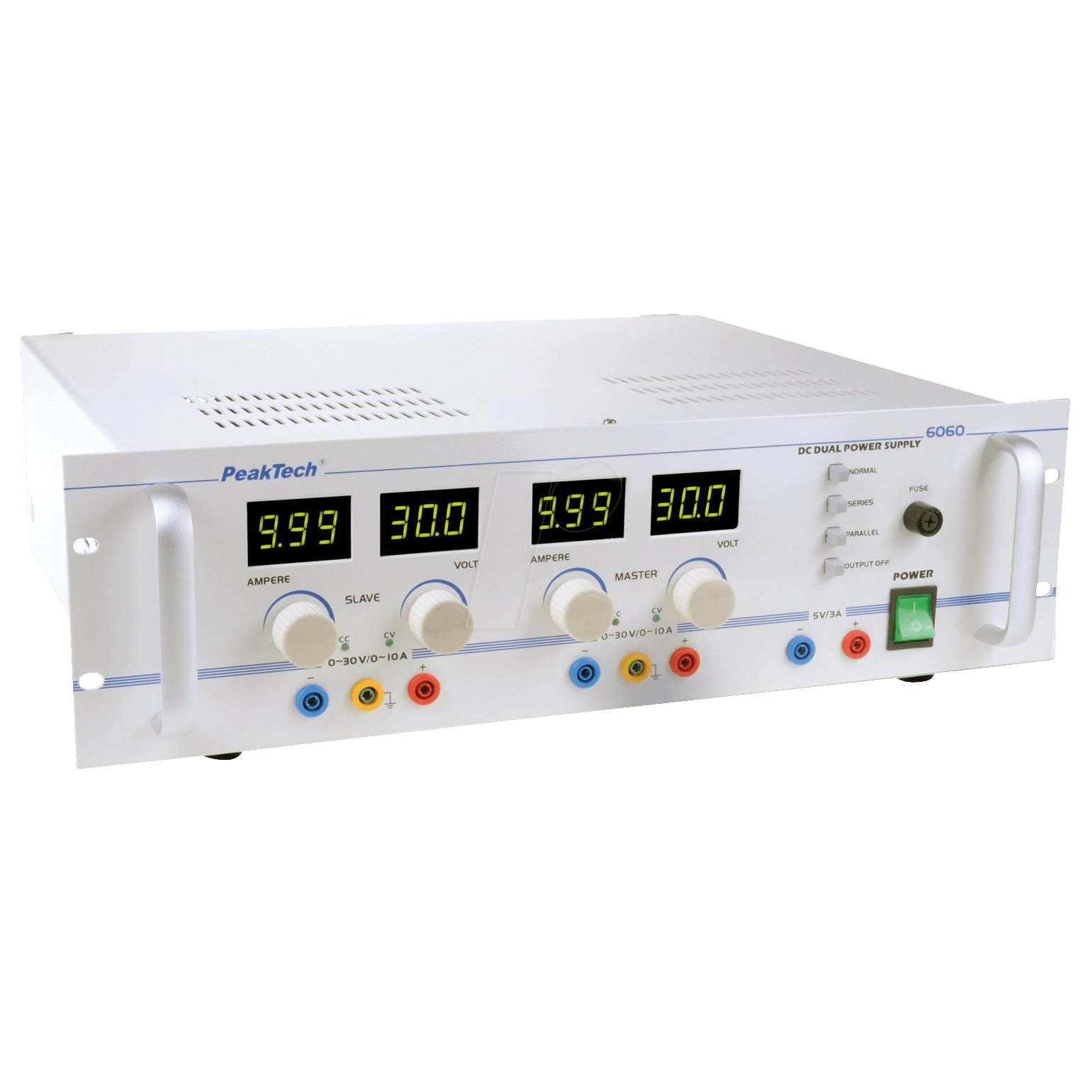 Sursa duală lineară 2 x 0 - 30 V/2 x 0 - 10 A, 5 V/3 A fixă - Peaktech P6060